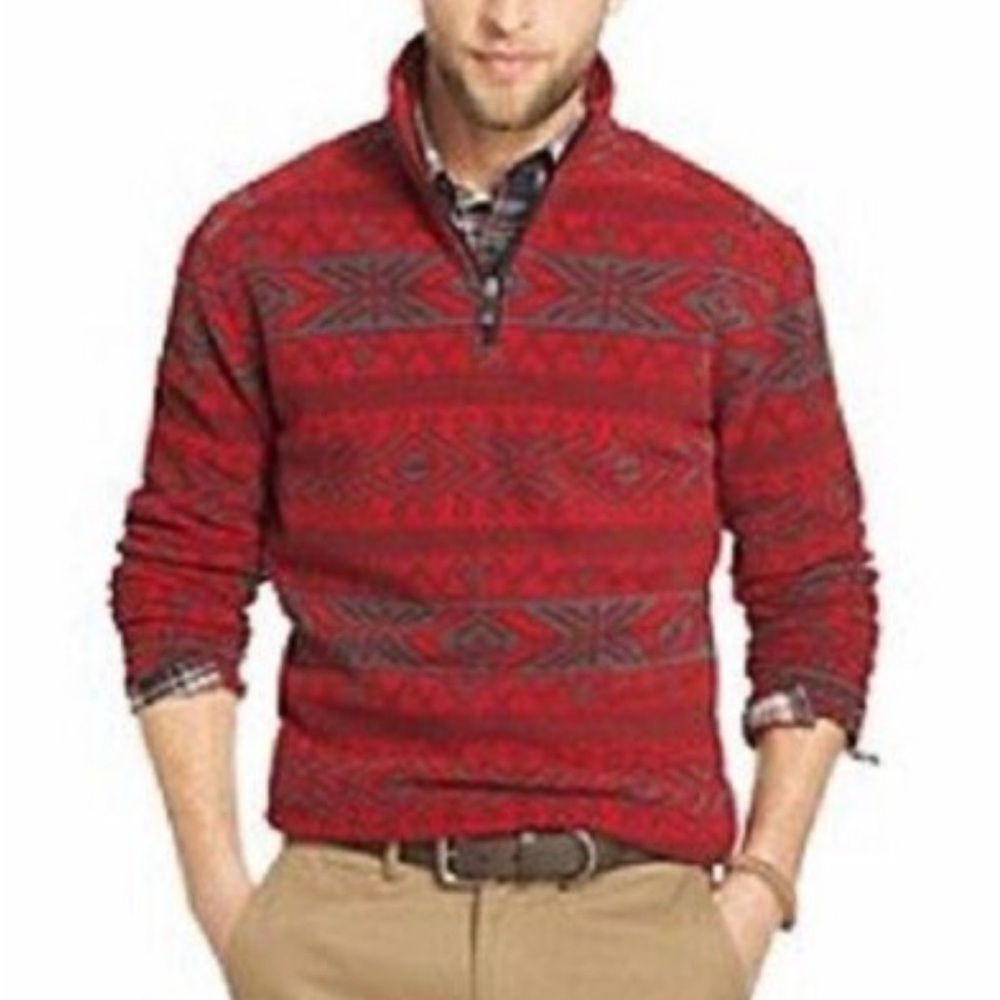 G.H. Bass & Co. Red and Gray Fleece Fair Isle Print Quarter Zip Up Sweater